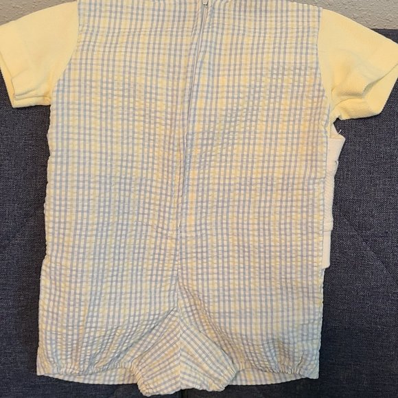 Yellow white and blue seersucker romper with attached vest - Picture 4 of 5